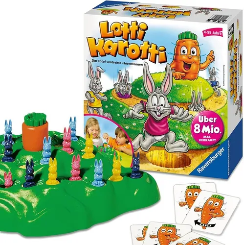 Ravensburger 21556 - Lotti Karotti, Familienspiel für Kinder und Erwachsene - Gesellschaftsspiel für 2-4 Spieler ab 4 Jahren mit spannenden Überraschungen! Hüpfe mit deinem Hasen zur Karotte und erlebe actionreiche Spielrunden – ideal für unvergessliche Familiennachmittage!