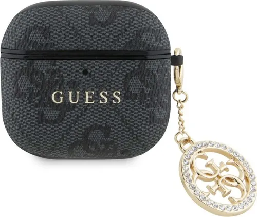 Guess 4G Script PC/PU Charm AirPods 4 Hülle Schwarz - Kopfhörer-Zubehör, elegantes Design mit hochwertigem Kunstleder und PC-Material für optimalen Schutz und Stil.