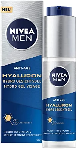 NIVEA MEN Anti-Age Hyaluron Hydro Gesichtsgel 50 ml - Gesichtsreiniger – Hochwirksames Feuchtigkeitsgel mit hoher Hyaluron-Konzentration, mildert tiefste Falten und zieht schnell ein für eine straffe, erfrischte Haut.