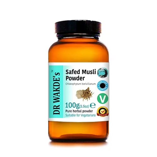 Safed Musli Pulver - 100g - Premium Kräuterpulver für eine einfache Integration in die tägliche Ernährung. Ideal für Smoothies oder Säfte, in einer praktischen Glasflasche verpackt.