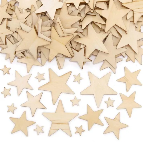 FE532 Holz Sterne zum Basteln - 180 Stück - Basteldekorationen für Kinder: 180 Holzsterne in verschiedenen Größen, ideal für kreative Projekte und zur Förderung der Fantasie.