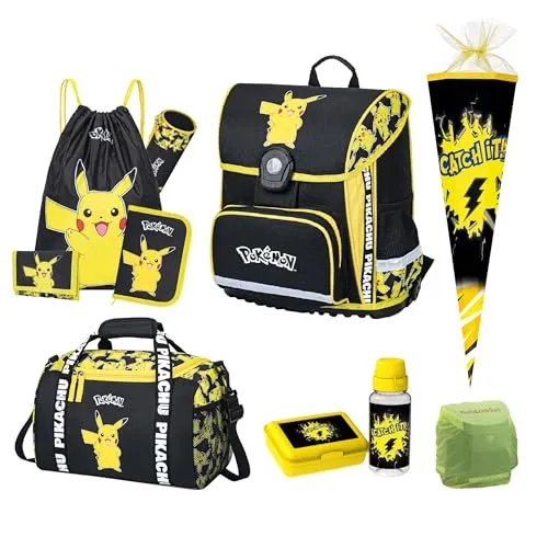 Pokémon Schulranzen für die 1. bis 4. Klasse · Ergonomisch, Kompakt, Leicht · Pokemon Schultasche mit Pikachu Motiv · Einschulungs-Set mit Sporttasche, Dose, Flasche, Schultüte (10-teiliges Set, Gelb)