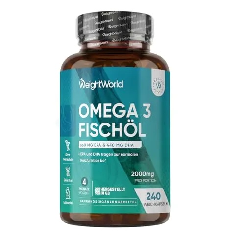 Omega 3 Fischöl 2000mg - 240 Kapseln für Herzgesundheit - Nahrungsergänzungsmittel mit 2000mg hochdosiertem Omega-3 für Herz, Gehirn & Augen. Gluten- und laktosefrei, ideal für Ihr allgemeines Wohlbefinden.