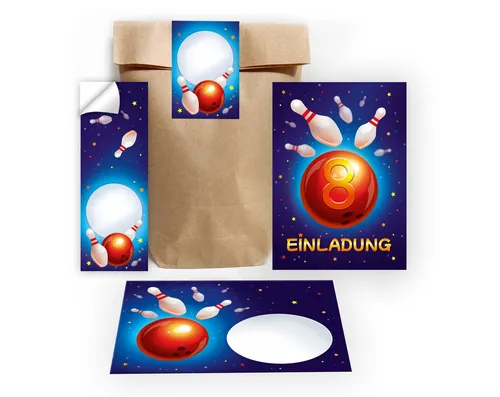 JUNAPACK Einladungskarten Bowling zum 8. Geburtstag Einladungen Karten mit Umschlägen Mitgebsel, Mitbringsel Set Bowling für Kinder zum achten Geburtstag Gastgeschenke
