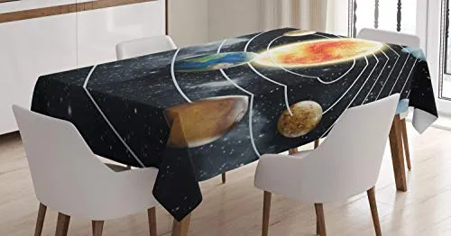 ABAKUHAUS Weltraum Tischdecke, Sonnensystem-Planeten, Personalisierter Druck Klare Farben ohne Verblassen Waschbar für Außen Bereich, 140 x 200 cm, Braun Schwarz