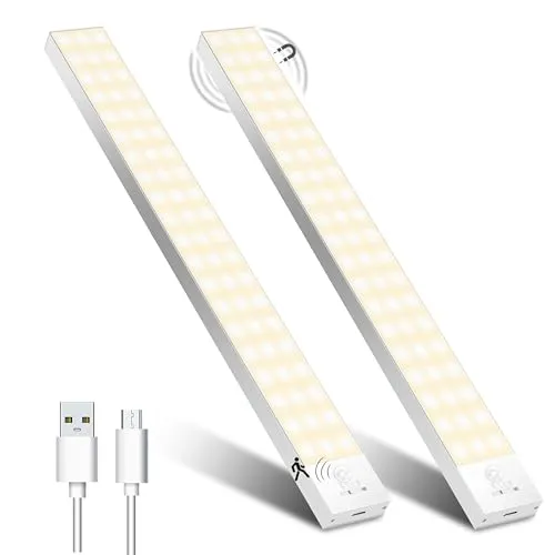 Unterbauleuchte Küche LED Schrankbeleuchtung 32cm 2Stück Warmweiß mit Bewegungsmelder Innen Akku,Schranklicht Schrankleuchten Lichtleiste USB mit Sensor für Kleiderschrank,Unterschrank,Kofferraum,RV