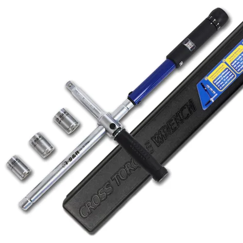S&R Drehmomentschlüssel Kreuz 1/2" (70-170 Nm) mit 3 Stecknüssen - Präziser Drehmomentschlüssel für zuverlässige Schraubverbindungen, ideal für Mechaniker und Heimwerker. Set enthält 3 Stecknüsse (17, 19, 21 mm) und ist aus robustem Chrom-Vanadium-Stahl gefertigt.