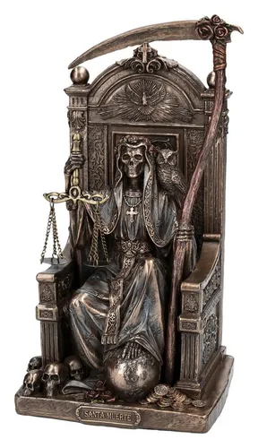 Figuren Shop Dekofigur Reaper - Santa Muerte auf Thron mit Sense - Figuren & Skulpturen, beeindruckende Dekofigur aus Kunststein, perfekt für Halloween oder als Geschenk, Höhe 22 cm, Gewicht 1200 g, detailreich und einzigartig.