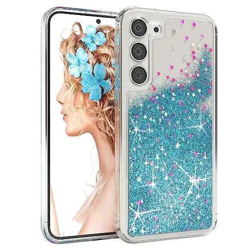 EAZY CASE Hülle kompatibel mit Samsung Galaxy S23 Plus Schutzhülle mit Flüssig-Glitzer, Handyhülle, Schutzhülle, Back Cover mit Glitter Flüssigkeit, TPU/Silikon, Transparent/Durchsichtig, Blau