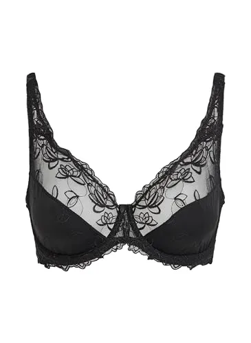 Hunkemöller Unwattierter Bügel-BH Diva - Schwarz - 75D - Eleganter unwattierter Bügel-BH aus undurchsichtigem Stoff mit semitransparenter Spitze und Blumenmuster. Perfekt für einen stilvollen Look und hohen Tragekomfort. Ergänze dein Set mit dem passenden Diva-Slip.