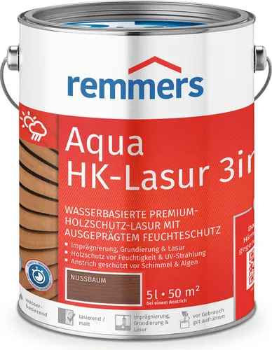 Remmers HK-Lasur 3in1 nussbaum, matt, 5 Liter - Premium Holzlasur für Außenanwendungen, vereint Imprägnierung, Grundierung und Lasur in einem Produkt für optimalen Holzschutz gegen Feuchtigkeit und UV-Strahlen.