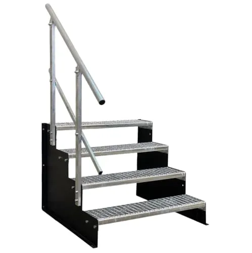 SRM Design Außentreppe 4 Stufen schwarz mit Geländer - Praktische 4-Stufen-Standtreppe in Schwarz, ideal für den Innen- und Außenbereich. Mit rutschfesten Trittflächen und ergonomischem Geländer für mehr Sicherheit und Komfort beim Auf- und Absteigen.