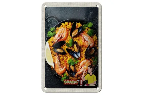 Blechschild Reise 12x18 cm Spanien Europa Paella Reis Muscheln Schild