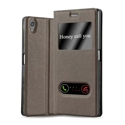 Cadorabo Hülle kompatibel mit Sony Xperia Z5 Premium in Stein BRAUN - Schutzhülle mit Magnetverschluss, Standfunktion und 2 Sichtfenstern