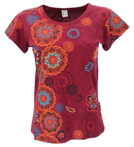 GURU SHOP Boho T-Shirt mit Stickerei - Damen Baumwoll T-Shirt in Rot, Size:S - Stylisches T-Shirt mit floralem Druck und kunstvoller Stickerei. Der taillierte Schnitt sorgt für eine optimale Passform. Ideal für Yoga, Festivals oder den Alltag – ein vielseitiger Begleiter für jeden Look.