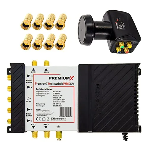 Premium X Multischalter Set 5/4 - Multischalter für die Verteilung von Satellitensignalen auf bis zu 4 TV-Receiver, inklusive hochwertigem Quattro LNB und Energie-optimiertem Netzteil für hohe Frequenzstabilität.