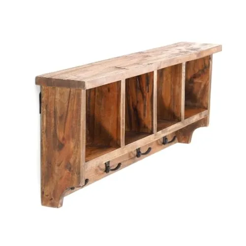 DESIGN DELIGHTS RUSTIKALE WANDGARDEROBE MIT Regal Vintage 70 - 70x27x11cm aus Recyclingholz - Garderobenständer im Used-Look mit 8 Haken und 4 Fächern, handgefertigt aus massivem Recyclingholz. Einzigartiges Design für Flur, Schlafzimmer oder Küche – jedes Stück ein Unikat!