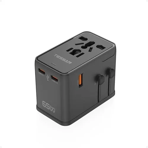 TESSAN 65W GaN Reiseadapter Weltweit, Schnellladung Adapter, Reisestecker Weltweit mit 2 USB C, 2 USB A, Travel Adapter für EU USA UK Italien Japan Thailand Australien Kanada