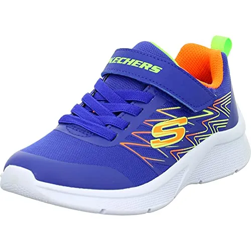 Skechers Jungen Microspec Texlor Sneaker - Blau mit Orange und Limette, 28 EU - Sneaker für Jungen mit leichtem Synthetik-Obermaterial, flexibler Gummisohle und praktischem Slip-On Design für einfaches An- und Ausziehen.
