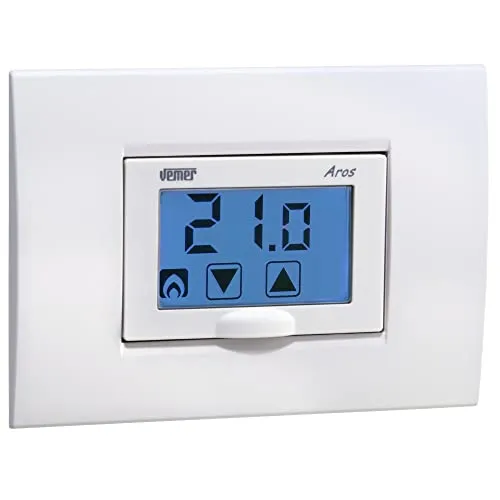 Vemer Termostato touchscreen VE458600 Termostato touch screen da incasso con alimentazione a batterie Regolazione della temperatura ambiente sia in riscaldamento che in condizionamento VEMER VE458600 colore bianco Indicazione di batteria scarica Blocco tastiera con password per luoghi pubblici