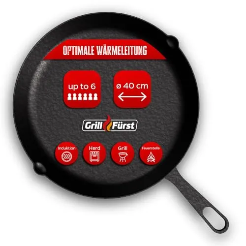 Grillfürst Gusseisenpfanne Grill mit Stielgriff Ø 40 cm - Robuste Gusspfanne für vielseitige Anwendungen - VIELSEITIG - Diese hitzebeständige Gusseisenpfanne eignet sich ideal für Gasgrill, Herd und Feuer. Sie garantiert gleichmäßige Wärmeverteilung und einfache Pflege durch sprühemaillierte Oberfläche. Perfekt für Steak, Gemüse und mehr.