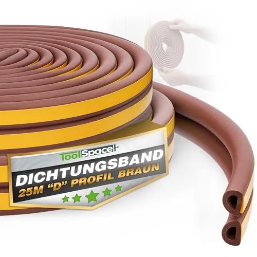 ToolSpace Türdichtung Selbstklebend Dichtungsband Dichtungsgummi Door Sealing Strip D Profil Braun Gummidichtung für Fenster & Türen 25M Fensterdichtung Anti-Kollision Gummi Schaum Schaumstoffband