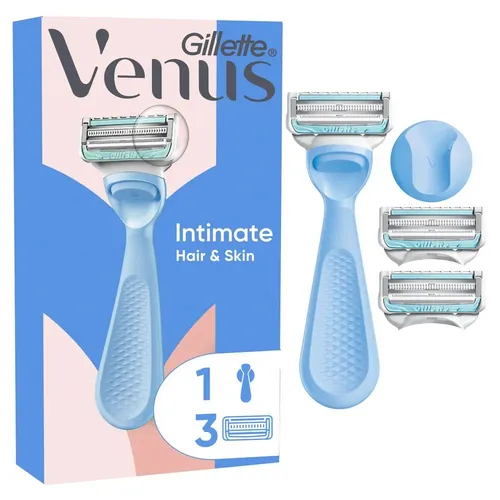 Gillette Venus Intimate Damenrasierer mit Ersatzklingen 3er Pack - Der Gillette Venus Intimate Damenrasierer bietet eine sanfte Rasur für empfindliche Hautbereiche. Mit einem ergonomischen Handstück und hochwertigen Klingen für ein müheloses Gleiten.