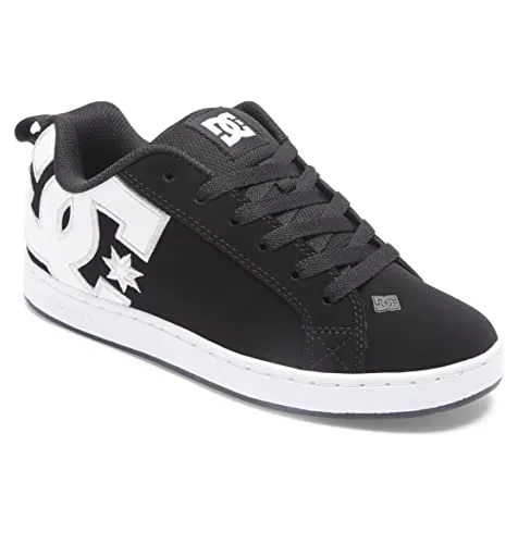 DC Schuhe Court Graphik Damen Skate Sneaker Schwarz Weiß - 38 EU - Sneaker für Damen in Schwarz-Weiß, ideal für Skateboarding und Freizeit. Bequemes Leder-Obermaterial und rutschfeste Gummisohle bieten optimalen Halt und Style.