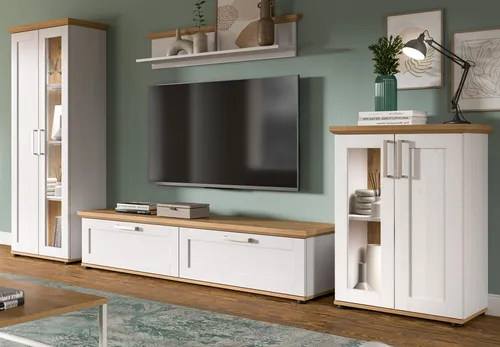 Inn.Furn Wohnwand Mirano, 4-teilig in Weiß Lärche & Eiche Artisan - Stilvolle Wohnwand im Landhausstil, 4-teilig, 316 x 161 cm, bietet viel Stauraum und flexible Stellvarianten. Hergestellt aus FSC®-zertifiziertem Holzwerkstoff für nachhaltigen Wohnkomfort.