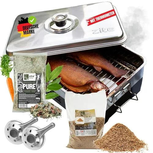 Tischräucherofen Set mit Räuchermehl für Forellen - Praktisches Set für das Räuchern von Forellen. Der Edelstahl-Räucherofen bietet 2 Grillroste und ein Thermometer für präzise Ergebnisse und ist ideal für den Einsatz zuhause.