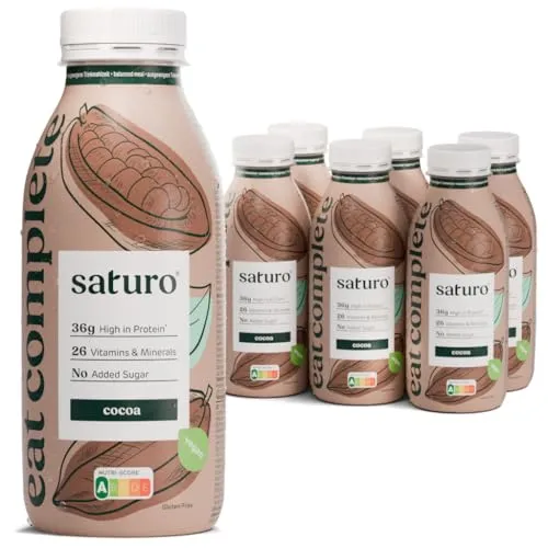 Saturo Trinknahrung Cocoa - Nährstoffreiche Eiweißmahlzeit - Eiweißgetränk mit 36g Protein, zuckerfrei und ideal für eine schnelle, ausgewogene Mahlzeit. Hält bis zu 5 Stunden satt und ist perfekt für unterwegs.