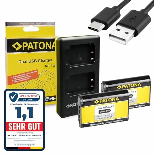 PATONA Dual Ladegerät mit 2X Akku NP-BX1 Ersatz für Sony NPBX1 BX1 Batterie Kompatibel mit Sony DSC-RX1R DSC-HX50 DSC-HX60 DSC-HX300 DSC-WX500 DSC-RX100 II III IV V