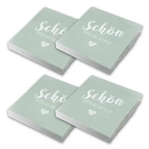 itenga Servietten Schön dass du da bist 30 x 30cm 3-lagig 80 Stück für Kommunion Konfirmation Hochzeit Taufe und andere Feiern (eukalyptus)
