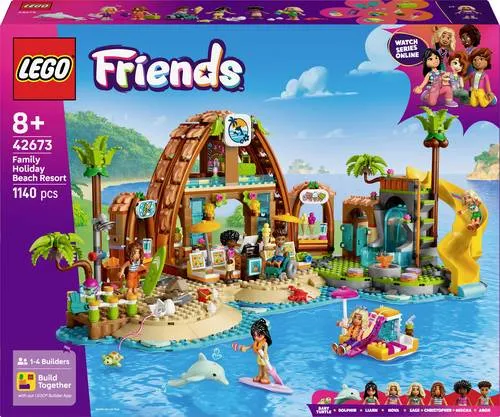LEGO FRIENDS Familienurlaub im Strandresort 42673 - Bauspielzeug & Konstruktionsspielzeug – Kreatives Spielset mit 6 Minifiguren, Delfin und Schildkröte für spannende Abenteuer am Strand und im Meer.
