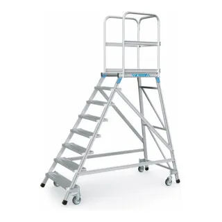 ZARGES Podesttreppe einseitig 8 Stufen - Plattformtreppe mit 8 Stufen für sicheren und bequemen Aufstieg. Ideal für flexibles Arbeiten dank mobiler Federlenkrollen und stabiler Plattform.
