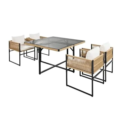ESTEXO Gartenmöbel Set "La Gomera" – Stylisches Rope Design für 4 Personen - Esssets für die Terrasse – Elegantes Gartenmöbel-Set mit platzsparendem Cube Design, ideal für kleine Außenbereiche. Robustes Seil-Geflecht und bequeme Polsterung für höchsten Komfort.