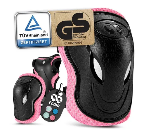 99FLIPS Protektoren-Set für Kinder - 6-teiliges Schoner Set für Kinder ab 3 Jahren, inklusive Knieschoner, Ellenbogenschoner und Handschoner, ideal für Skateboard, Inliner und Rollschuhe, atmungsaktiv und sicher in Pink.
