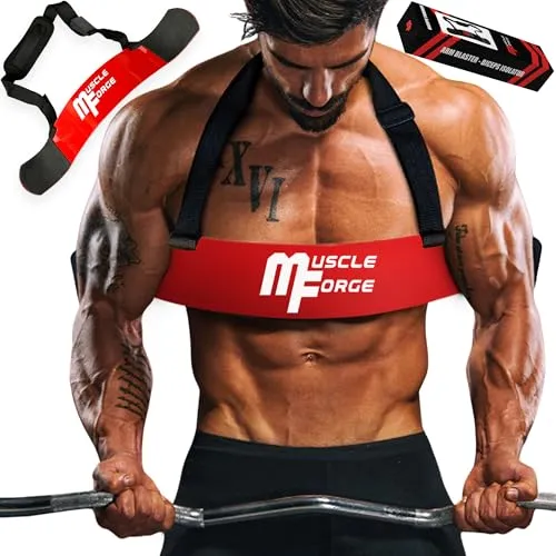MuscleForge® Armblaster (Stahl) Rot - Innovatives Trainingsgerät zur Maximierung der Bizeps-Isolation. Ideal für effektive Kurzhantel- und Langhantelcurls, fördert gezielte Muskelarbeit im Krafttraining.