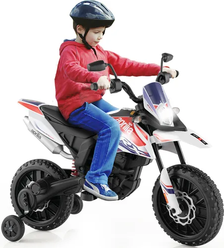 COSTWAY Aprilia Elektro Motorrad Kinder, 12V Kindermotorrad mit Stützrädern & Musik & Scheinwerfer, für Kinder 3 - 8 Jahren (Weiß)