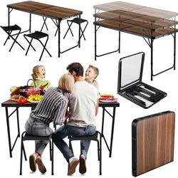 Outtec Gartenset - Faltbares Metallmöbel-Set, Braun - Gartenmöbel-Set mit Tisch und 4 Stühlen, leicht transportierbar und höhenverstellbar für ultimativen Komfort beim Camping oder im Garten.