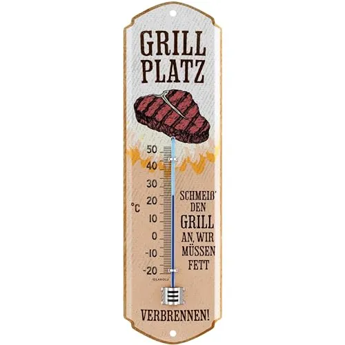 LANOLU Retro Thermometer GRILLPLATZ - GRILL Schild Garten außen - Deko Garten Vintage Schilder - Blechschild Grill Geschenke Schild aus Metall, analoges Thermometer 8x28cm
