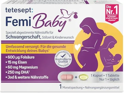 tetesept Femi Baby Filmtabletten + Weichkapseln - Nahrungsergänzungsmittel für Frauen mit Kinderwunsch, Schwangere und Stillende, enthält Folsäure, Eisen, Jod und DHA für eine optimale Versorgung während der wichtigen Lebensphasen.