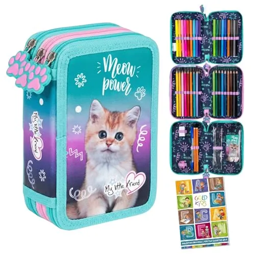 Goldkids Federmäppchen 3 Fächer - Gefülltes Mäppchen mit Katze Motiv - Federmäppchen für Mädchen und Jungen, 44-teiliges Set mit hochwertiger Verarbeitung, sicherem Reißverschluss und bezauberndem Design für kreative Schüler.