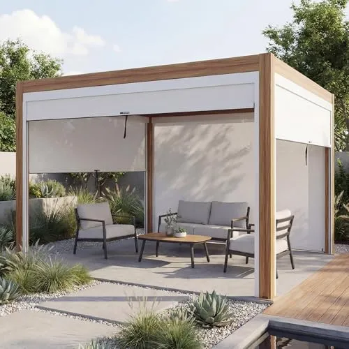 Pergola HWC-L46 mit Seitenwand und Lamellendach, 3x3m - Sturmfeste Pergola mit drehbarem Lamellendach für individuellen Sonnenschutz. Inklusive verschiebbarer Rollos und stabiler Konstruktion im Holzlook – ideal für entspannte Stunden im Garten.