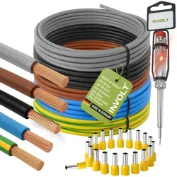 INVOLT H07V-K 6 mm2 Verdrahtungsleitung 5 x 2m Set, Einzelader Schwarz, Blau, Braun, Grau, Grün-Gelb mit 20 Aderendhülsen und Spannungsprüfer