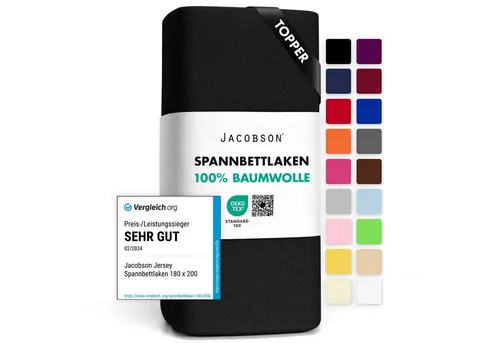Jacobson Spannbettlaken TOPPER aus 100% Baumwolle, Jersey Bettlaken 160 g/m², Spannbetttuch mit Gummizug, pflegeleicht & viele Farben