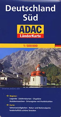 ADAC Länderkarte Süd-Deutschland 1:500.000: Register: Legende, Zufahrtskarten, Citypläne, Autokennzeichen, Ortsregister mit Postleitzahlen. Karte: ... schöne Strecken (ADAC LänderKarten)