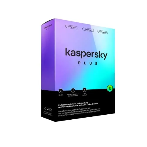 Kaspersky Plus 2023 - Umfassender Schutz für 3 Geräte - Security-Suiten mit mehrstufigem Schutz gegen Viren und Malware, Anti-Phishing, unbegrenztem VPN und Passwort-Manager für sicheres Online-Banking.