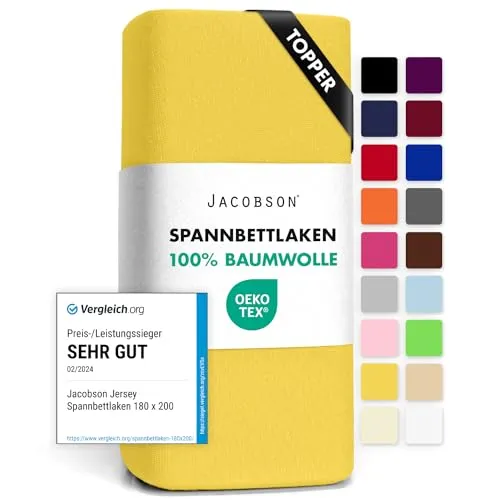 Jacobson Jersey Spannbettlaken Spannbetttuch Baumwolle Bettlaken (Topper 140-160x200 cm, Gelb)