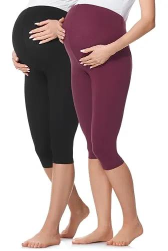 Be Mammy 3/4 Umstandsleggings Kurz aus Baumwolle Bequeme und blickdichte Schwangerschaftsleggings 2Pack Umstandsmode BE20-229 (2Pack Schwarz/Weinrot, S)